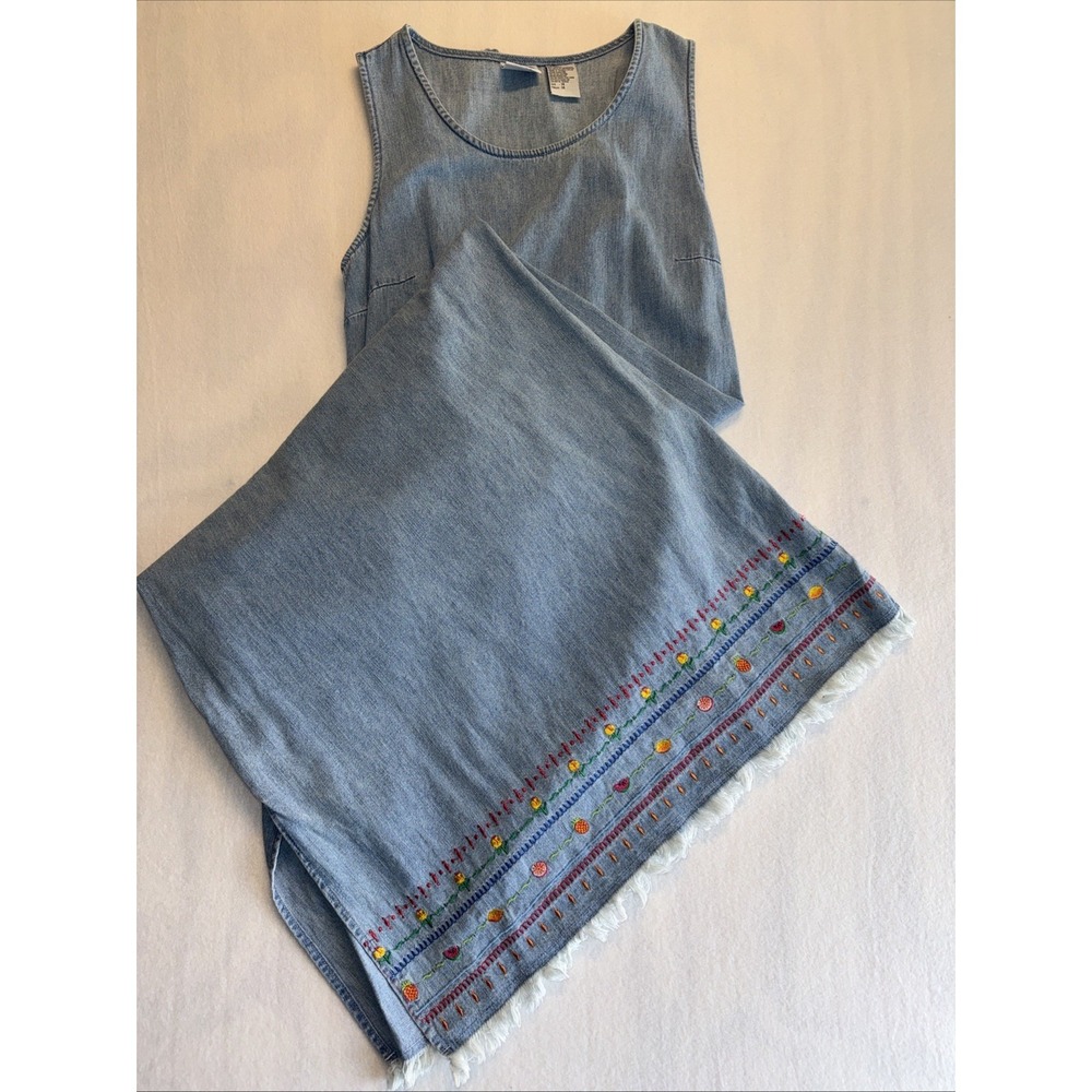 VTG 90s Carolina Colours Blues Denim Dress Maxi Cottagecore Sz 14 LG Embroidery